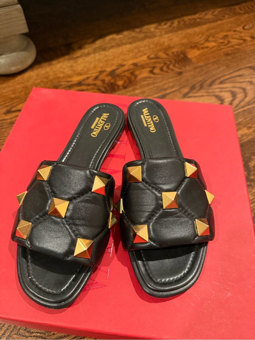 Valentino Black Leather Studded Slide Sandals with Gold Pyramid Studs